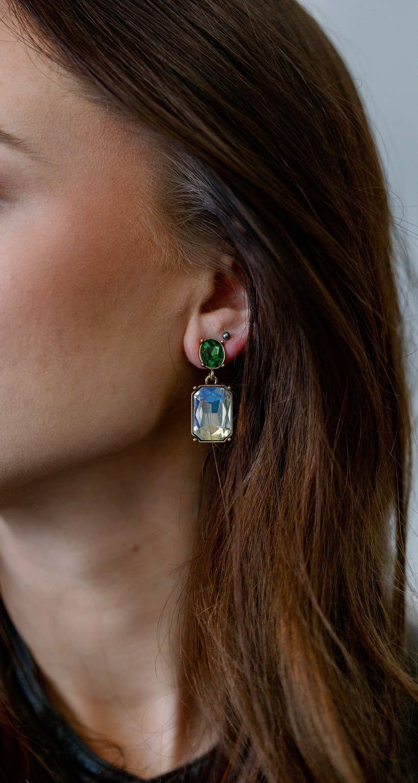 Oval Twin Gem Post Earring in Green & Clear