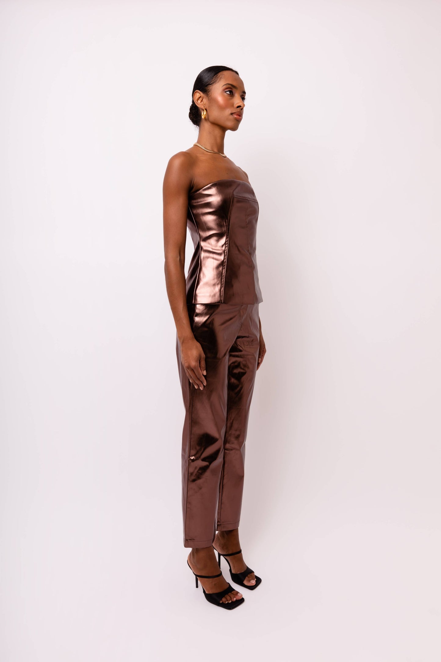 Johanna Coffee Faux Leather Metallic Bandeau Top