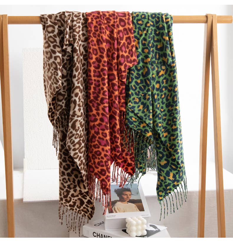 Exotic Leopard Print Fringed Soft Wool Feel Scarf
