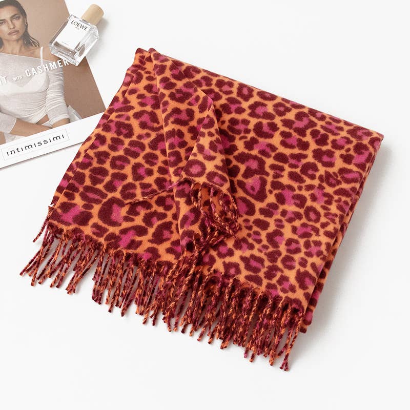 Exotic Leopard Print Fringed Soft Wool Feel Scarf