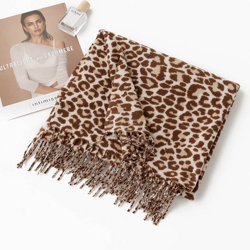 Exotic Leopard Print Fringed Soft Wool Feel Scarf