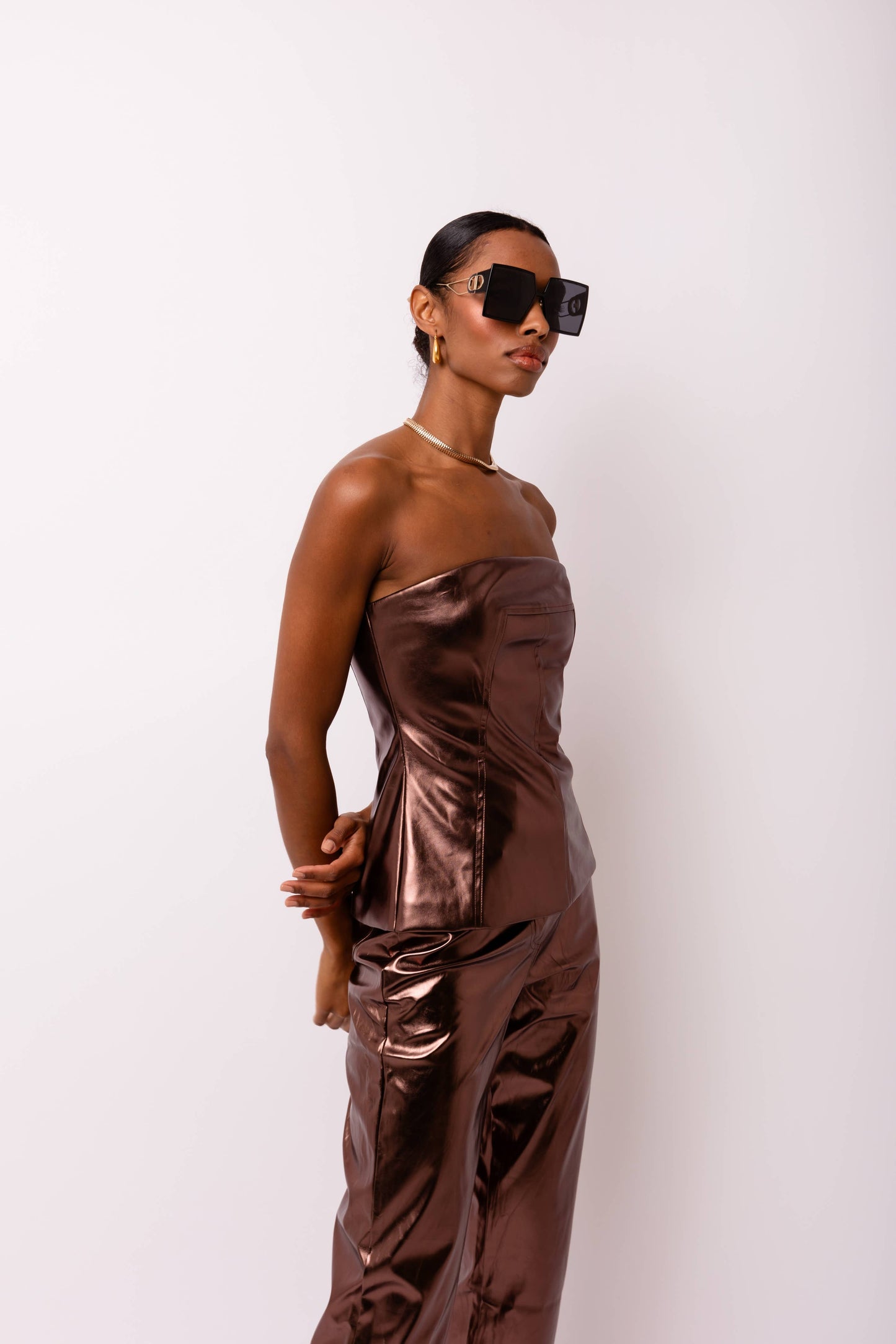 Johanna Coffee Faux Leather Metallic Bandeau Top