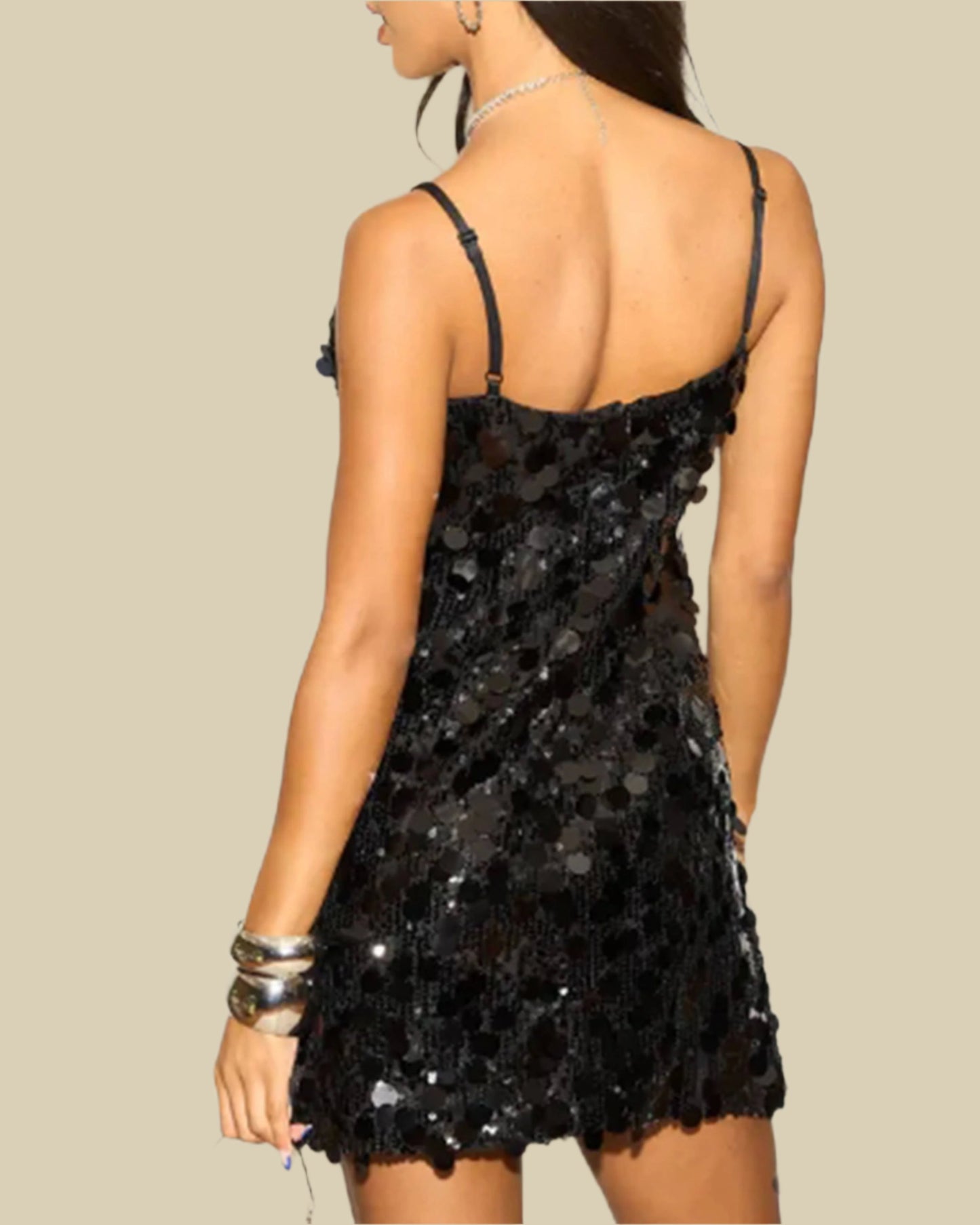 Circle Disc Sequin Strappy Short Dress in Black