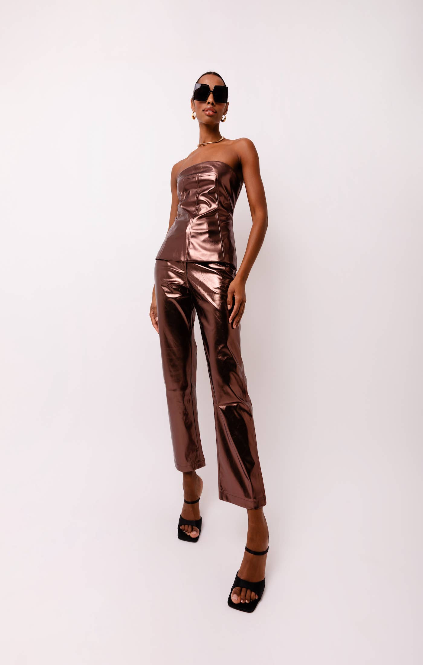 Johanna Coffee Faux Leather Metallic Bandeau Top