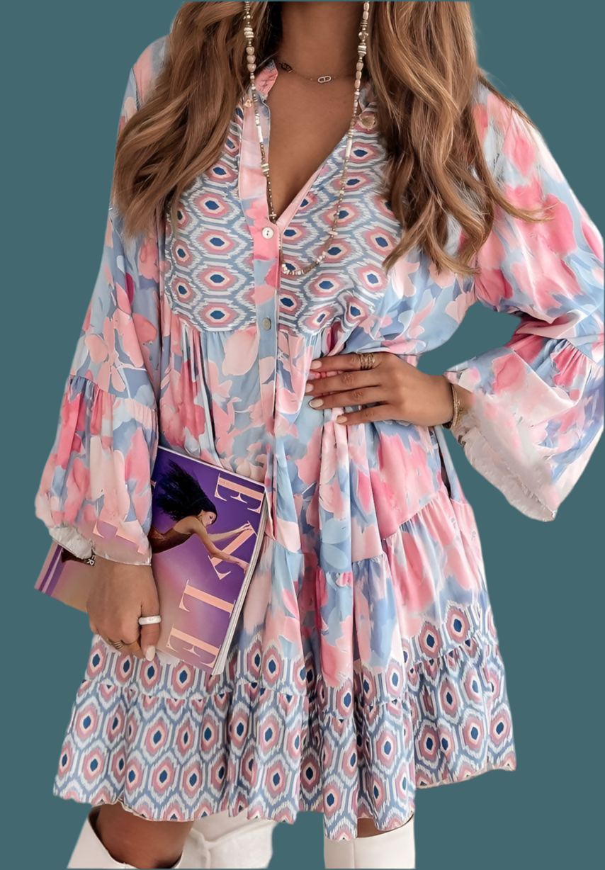 Pastel Pink and Sky Blue Print Smock Tunic Dress