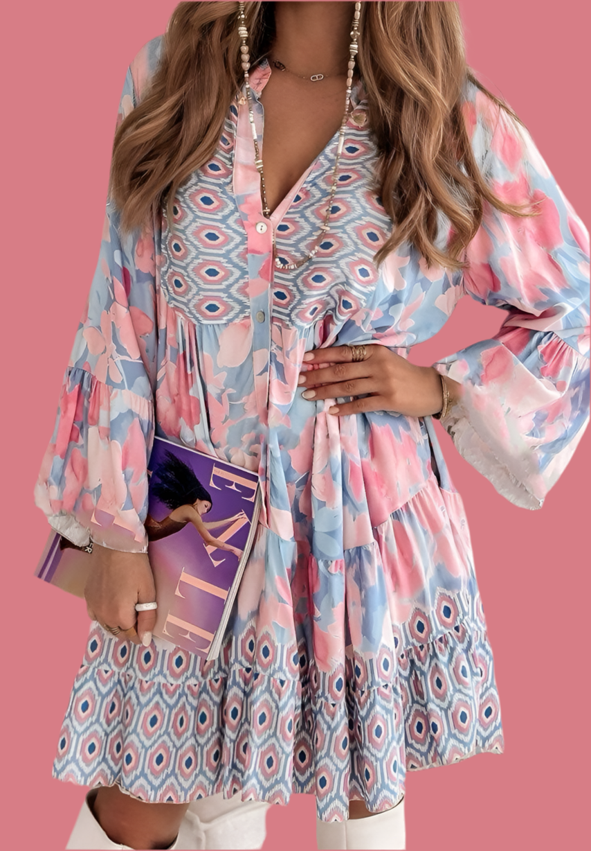 Pastel Pink and Sky Blue Print Smock Tunic Dress