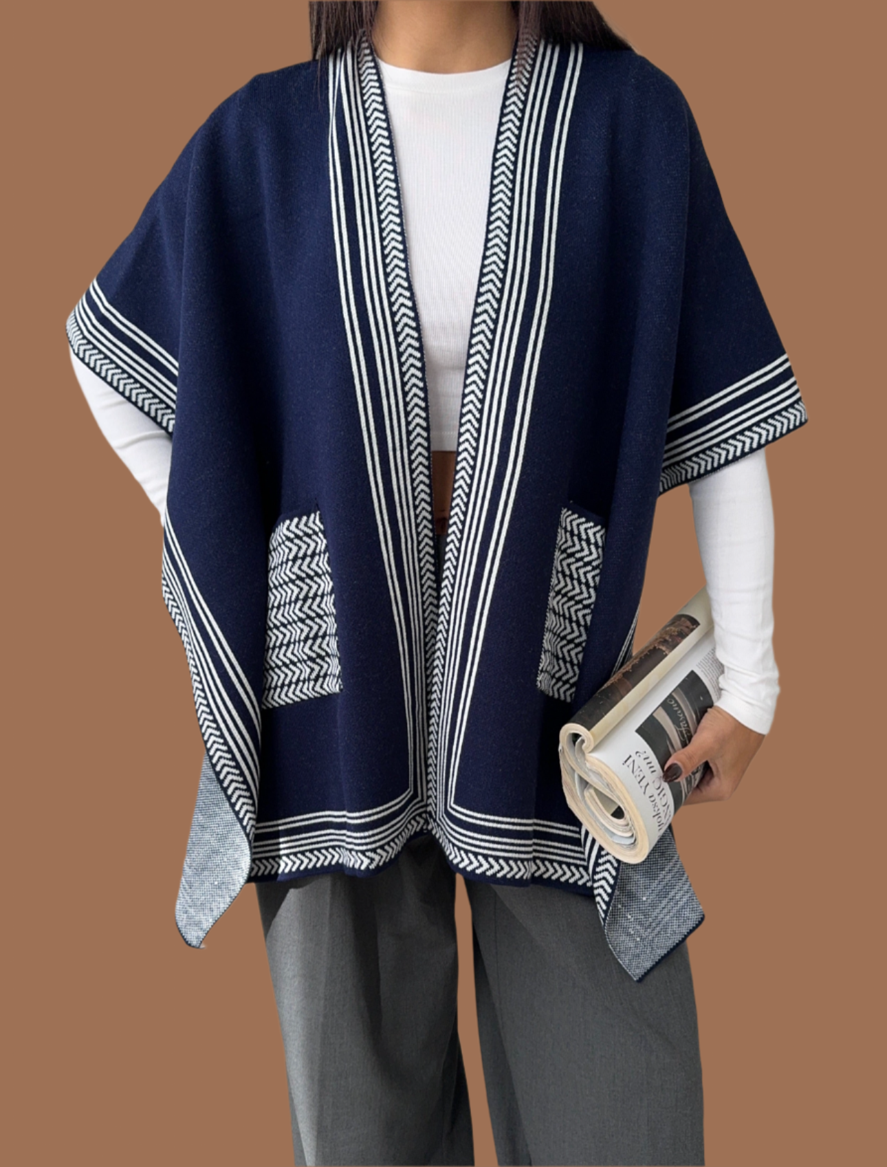 Knitted Cardigan/Poncho with stripe edge.