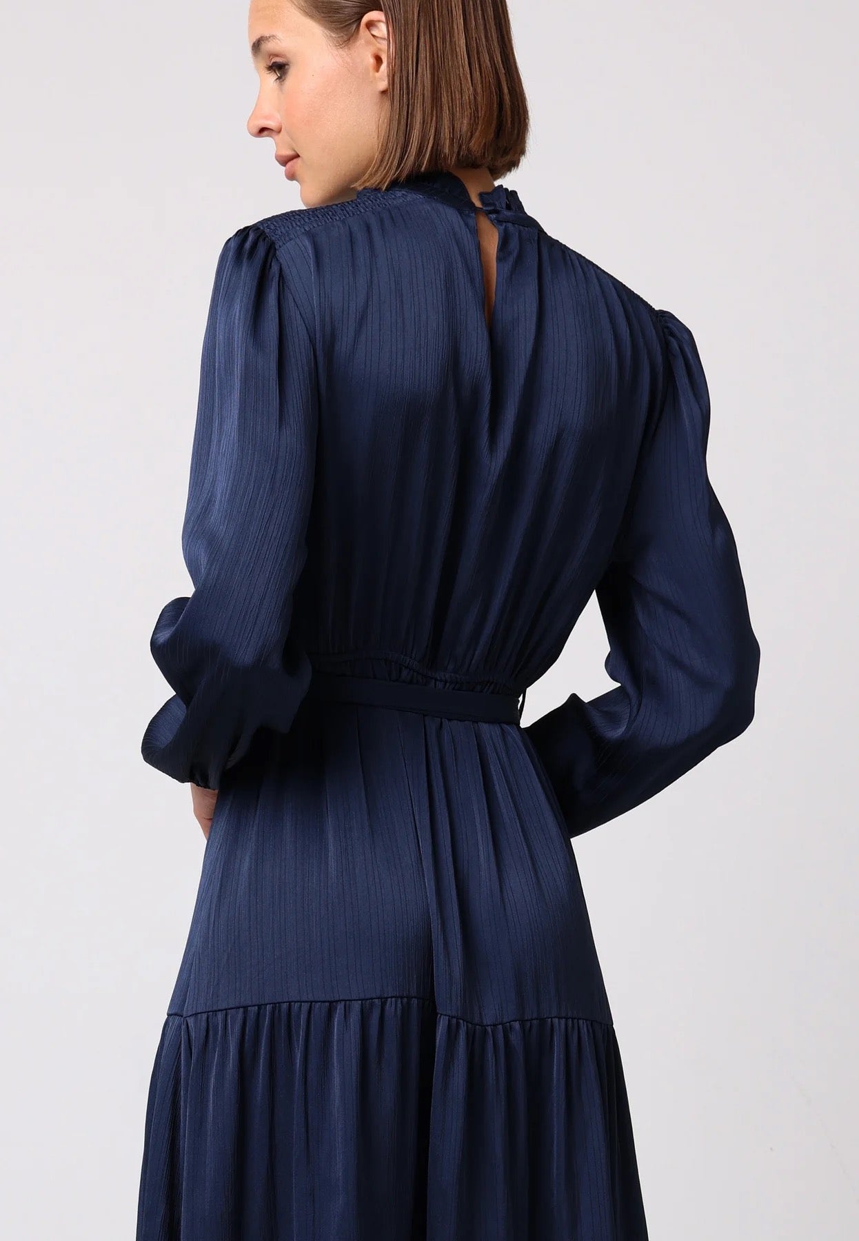 Satin Tiered Midi Dress with Tie Waist in Navy.