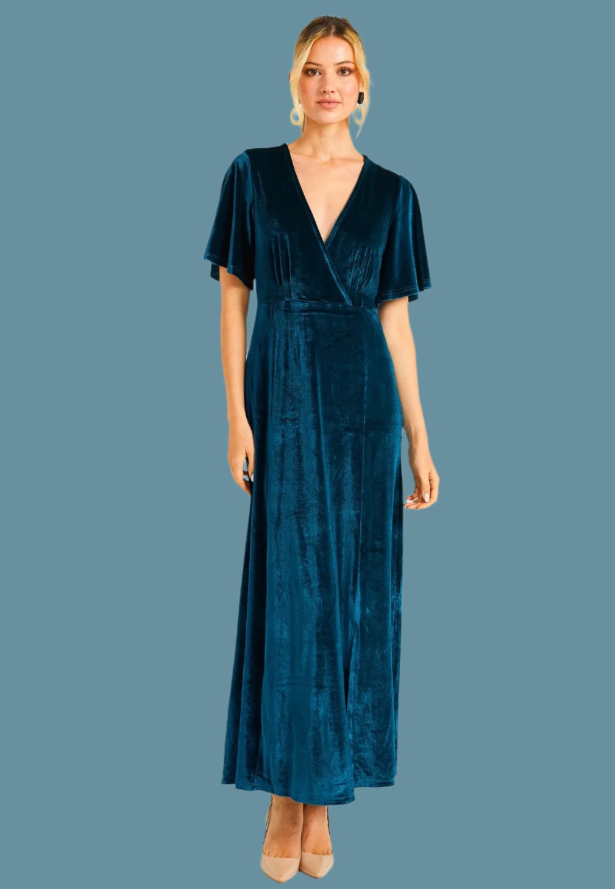 VELVET FLUTTER SLEEVE FAUX WRAP DRESS WITH SLIT