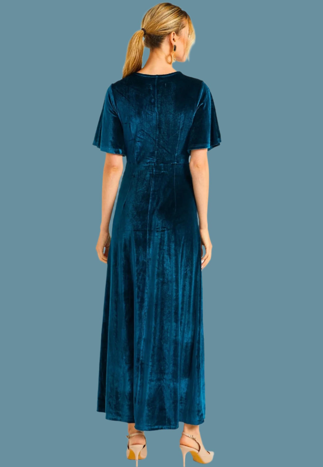 VELVET FLUTTER SLEEVE FAUX WRAP DRESS WITH SLIT