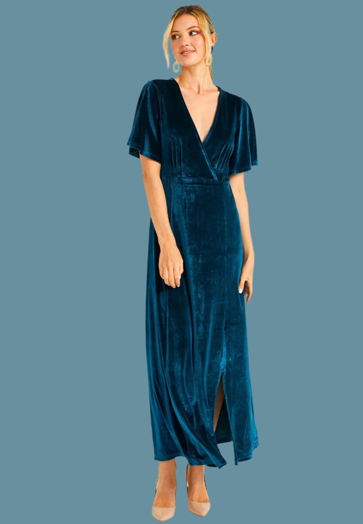 VELVET FLUTTER SLEEVE FAUX WRAP DRESS WITH SLIT