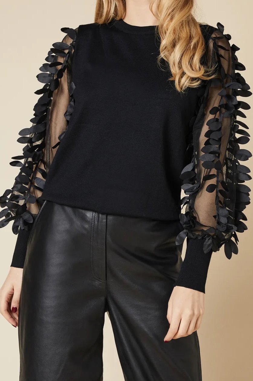 Leaf mesh sleeve high neck jumper.