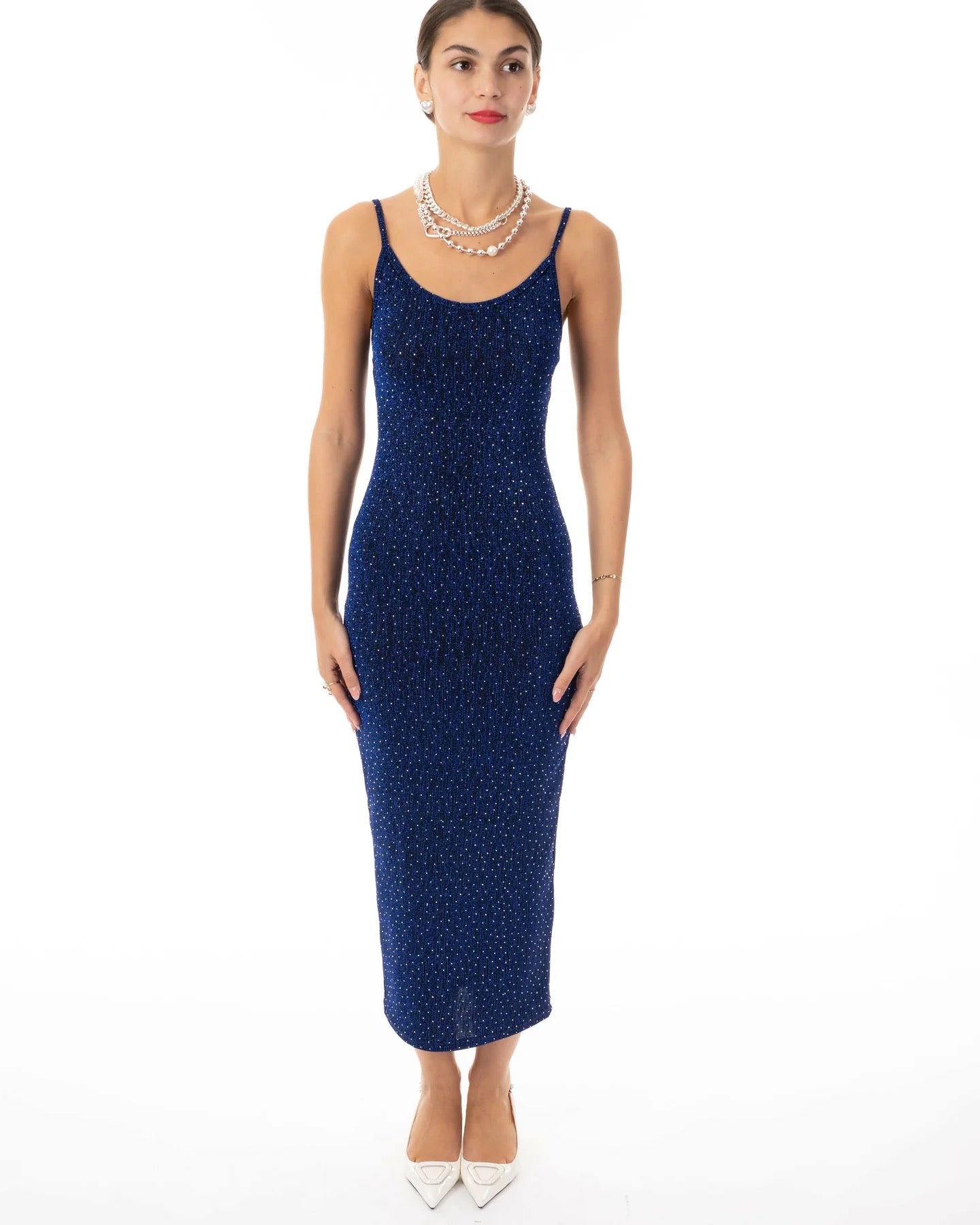 SCOOPED-NECK SLEEVELESS METALLIC-KNIT MAXI DRESS