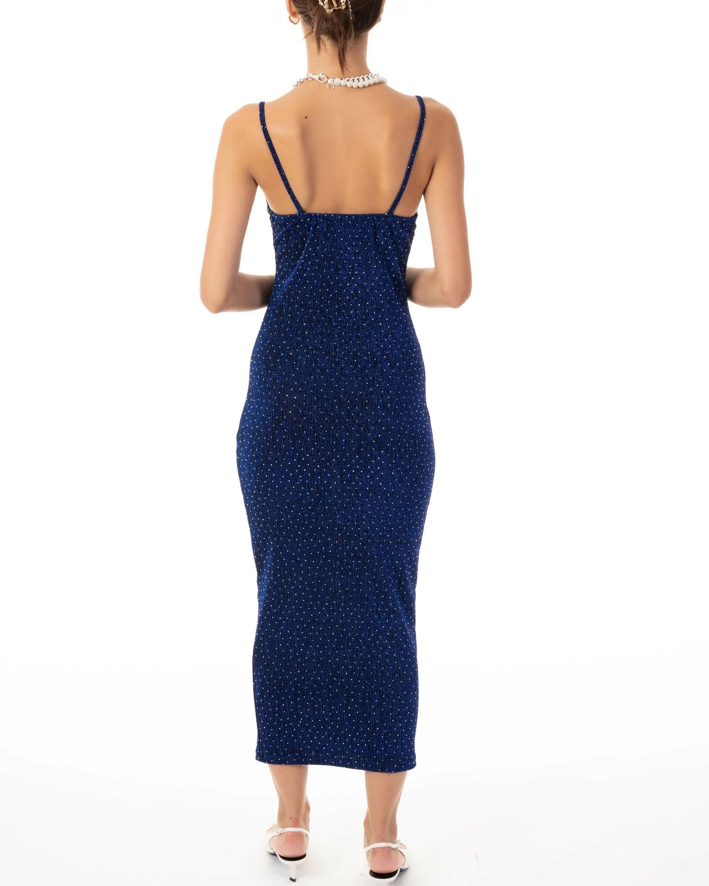 SCOOPED-NECK SLEEVELESS METALLIC-KNIT MAXI DRESS