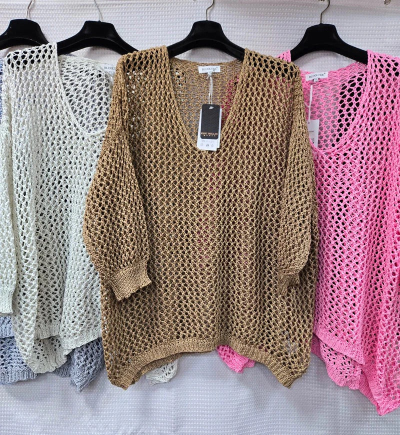 V Neck Loose-Knit Crochet Oversized Cover-Up/Sweater