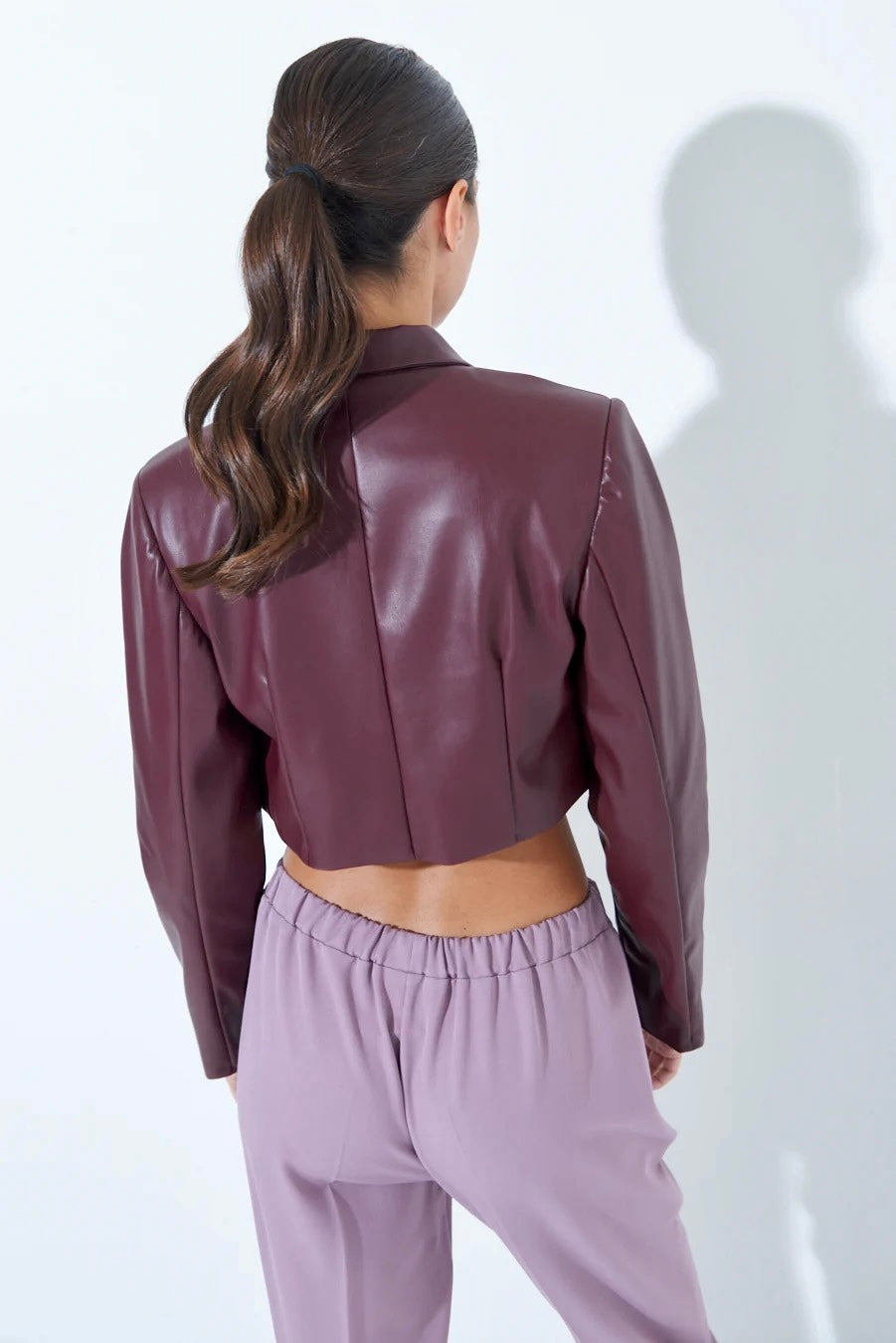 Cropped Faux Leather Jacket in Wine.