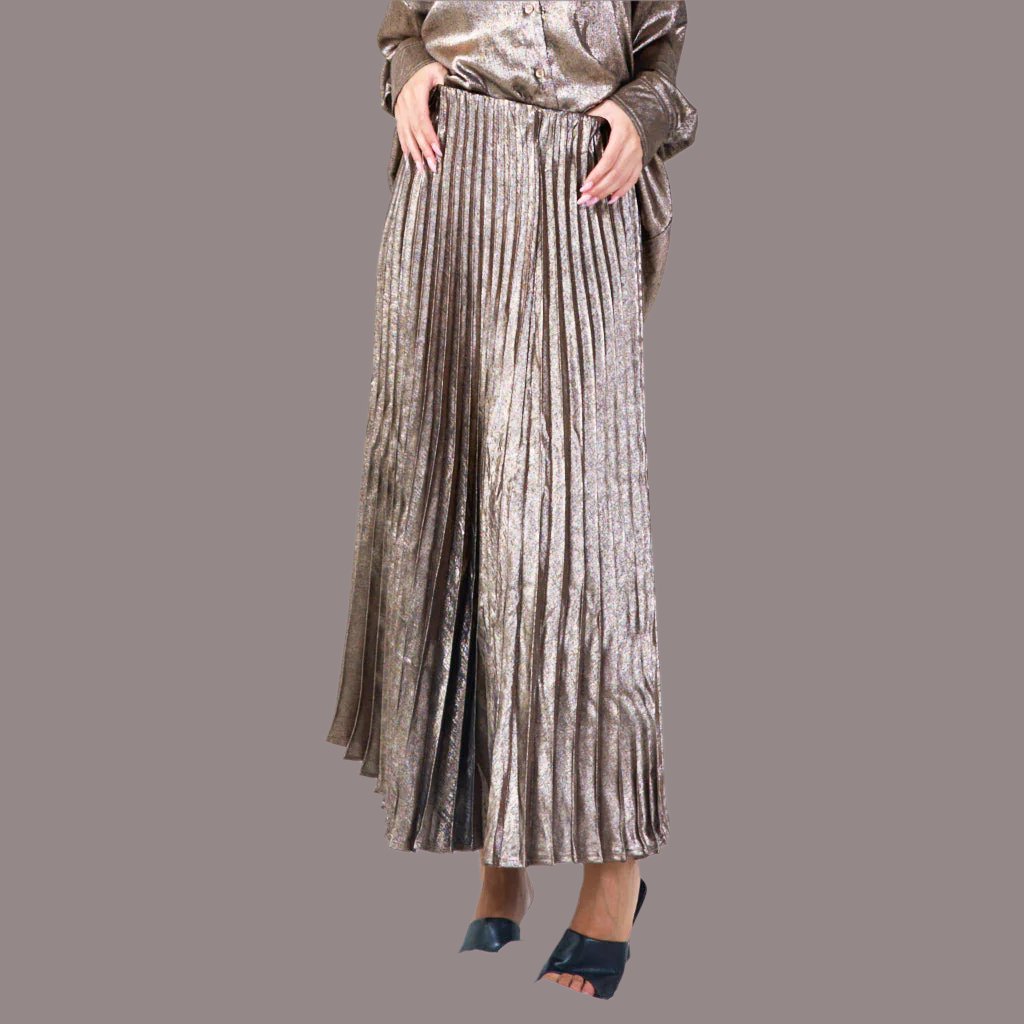 Shimmer Pleated Midi Skirt -Coffee