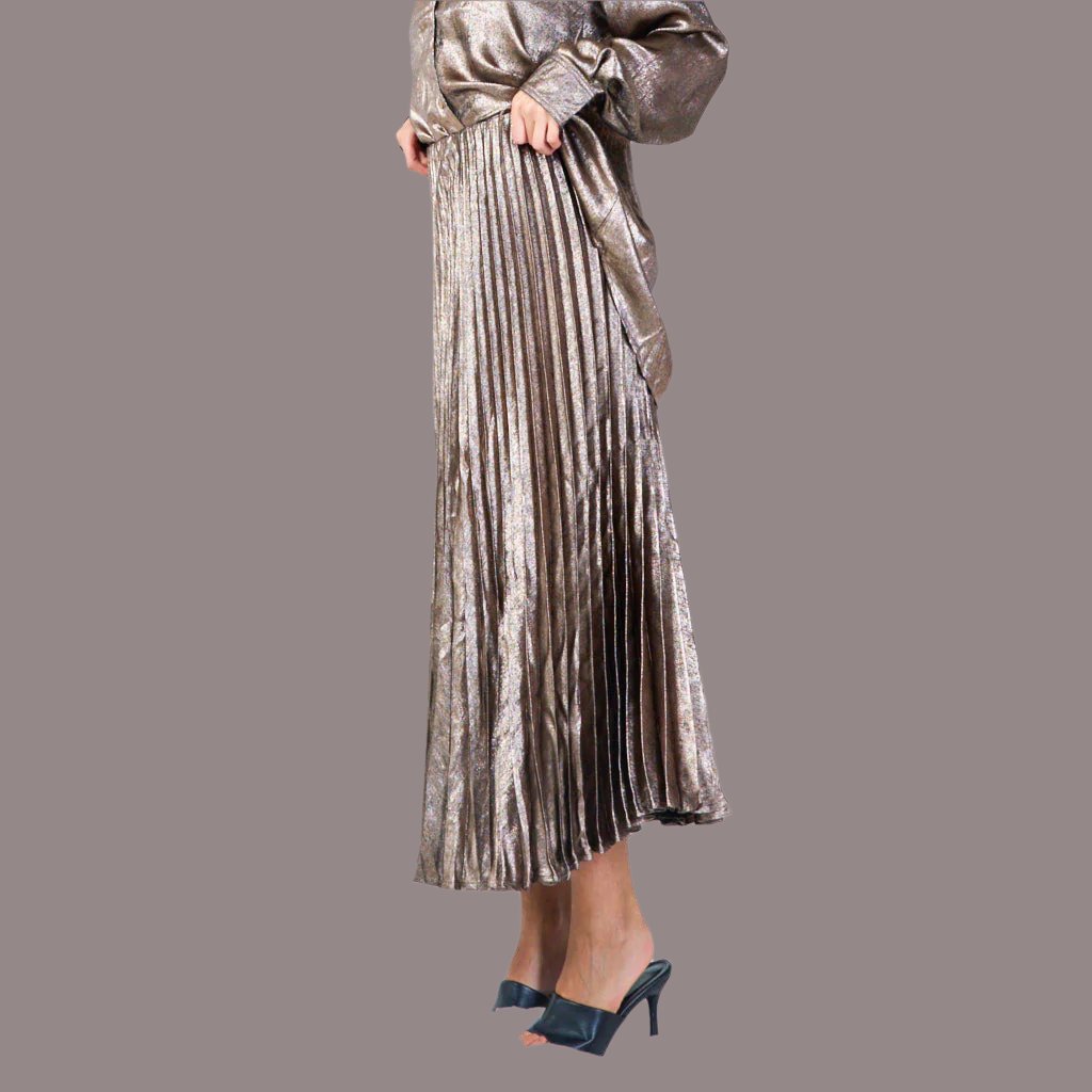 Shimmer Pleated Midi Skirt -Coffee