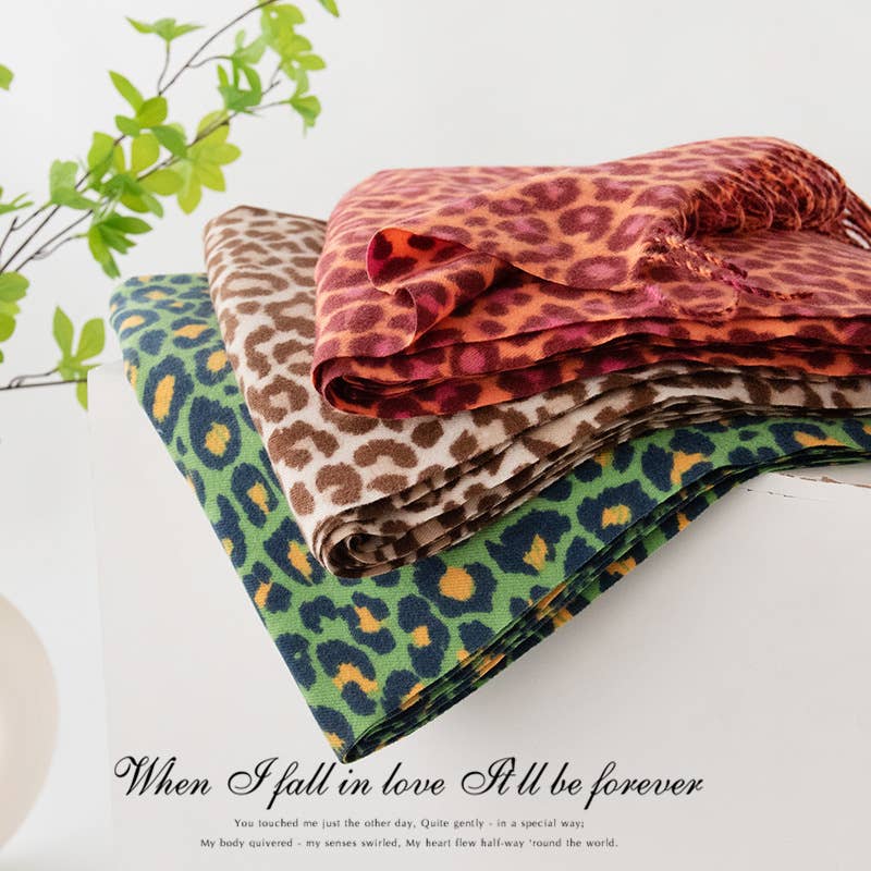 Exotic Leopard Print Fringed Soft Wool Feel Scarf