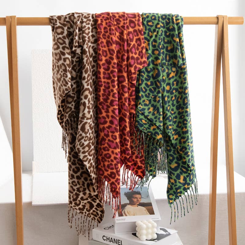Exotic Leopard Print Fringed Soft Wool Feel Scarf