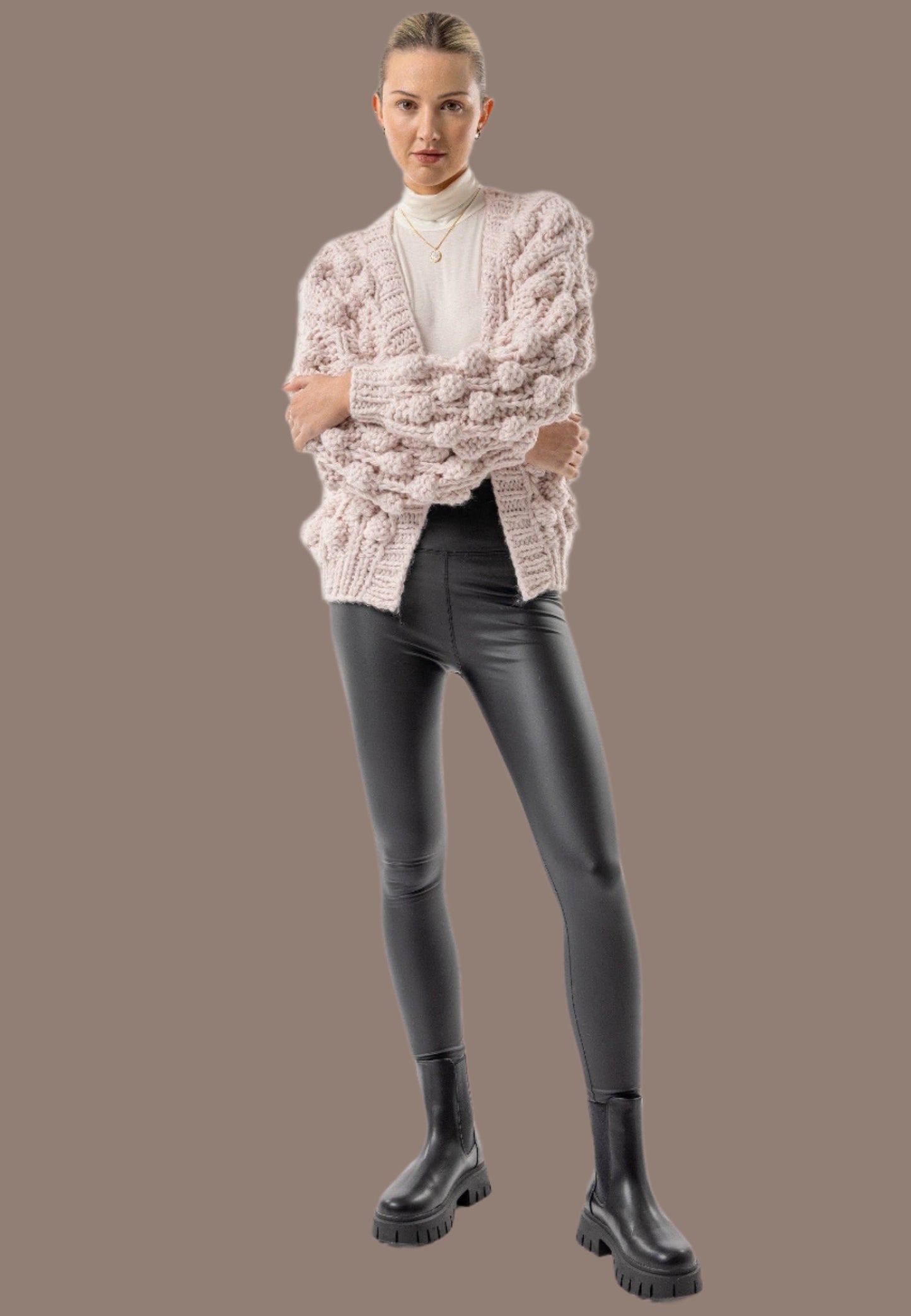 Chunky Knit Cardigan with Pom Poms