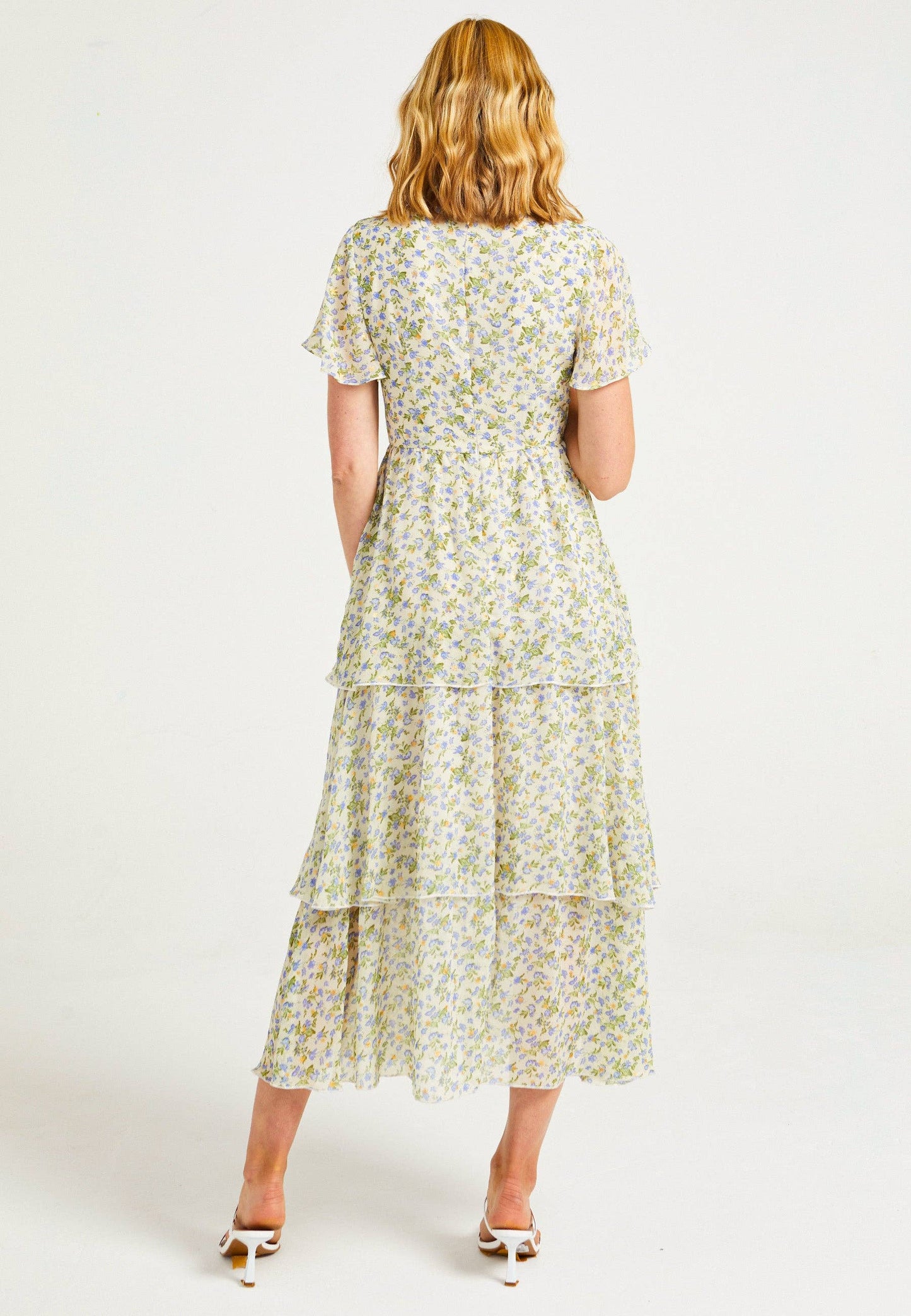 Flutter Sleeves Tiered Midaxi Dress in Ditsy Floral Print