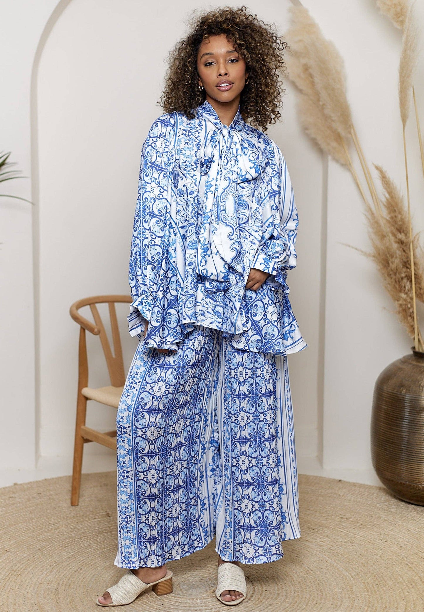 Bow Tie Shirt & Plisse Wide Leg Trousers Co Ord Set In Porcelain Print