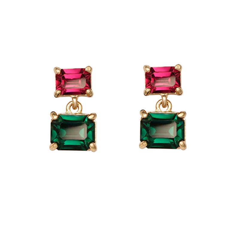 Twin Gem Drop Earring in Emerald & Ruby Pink