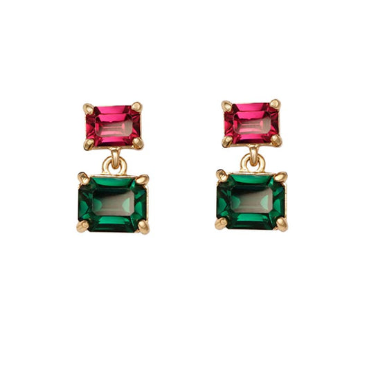 Twin Gem Drop Earring in Emerald & Ruby Pink