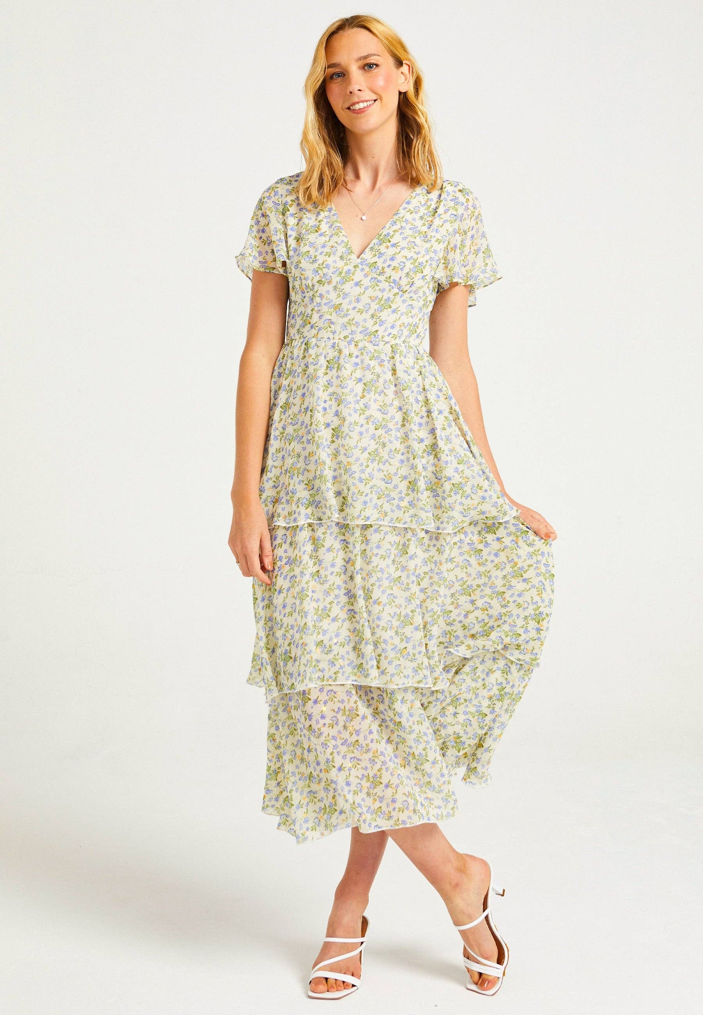 Flutter Sleeves Tiered Midaxi Dress in Ditsy Floral Print