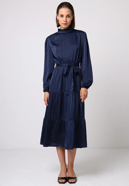 Satin Tiered Midi Dress with Tie Waist in Navy.