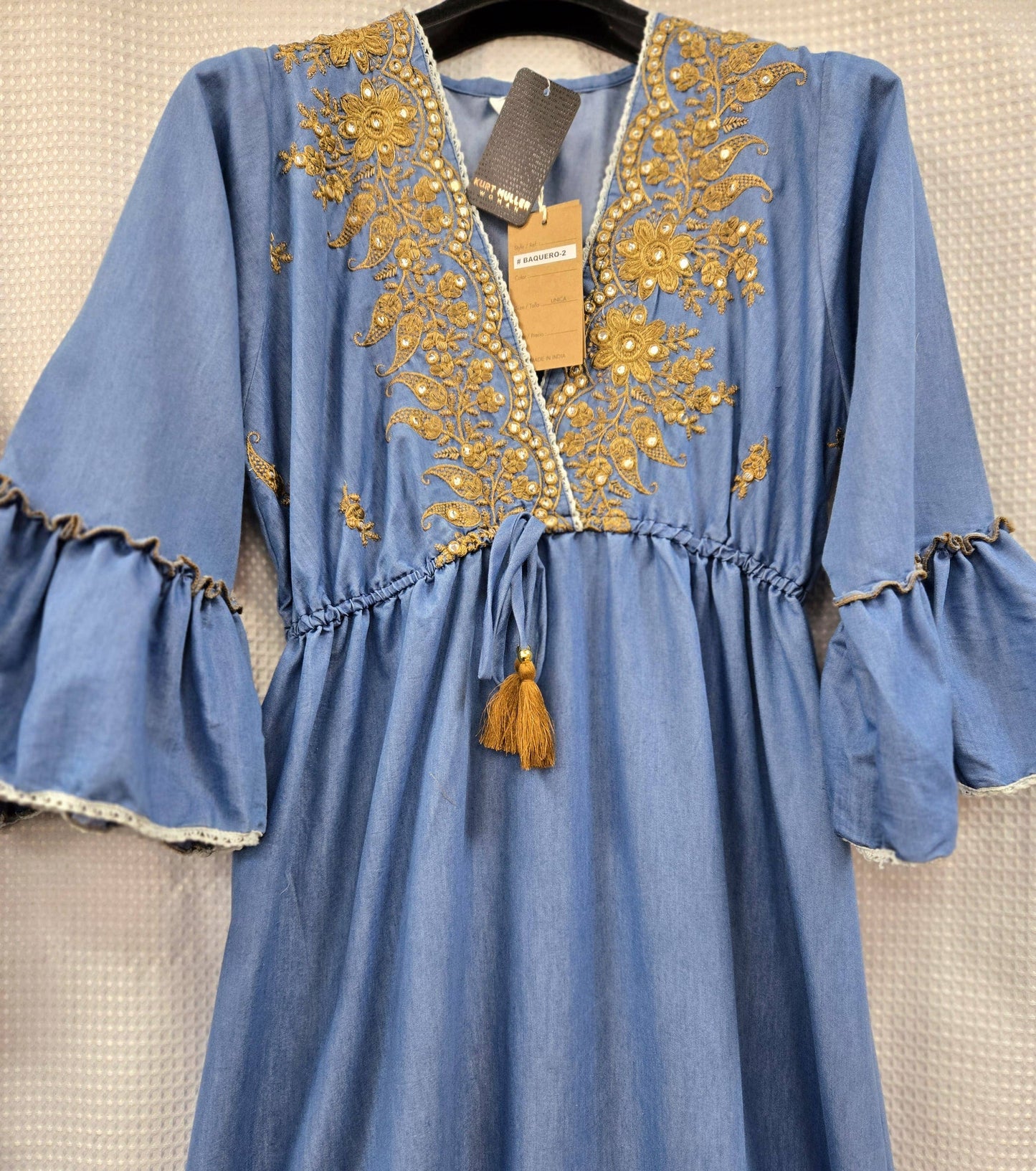 Gold Embroidery Soft Denim Maxi Dress