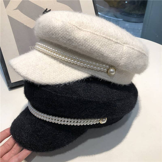 Pearl Embellished Baker Boy Cap in Black or Cream