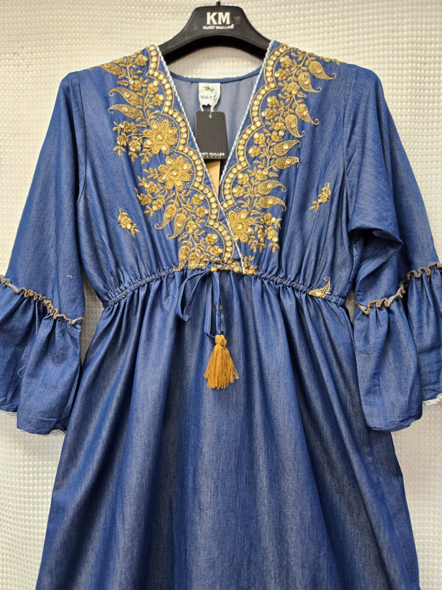 Gold Embroidery Soft Denim Maxi Dress
