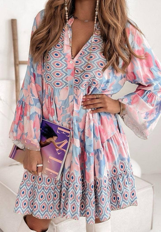 Pastel Pink and Sky Blue Print Smock Tunic Dress