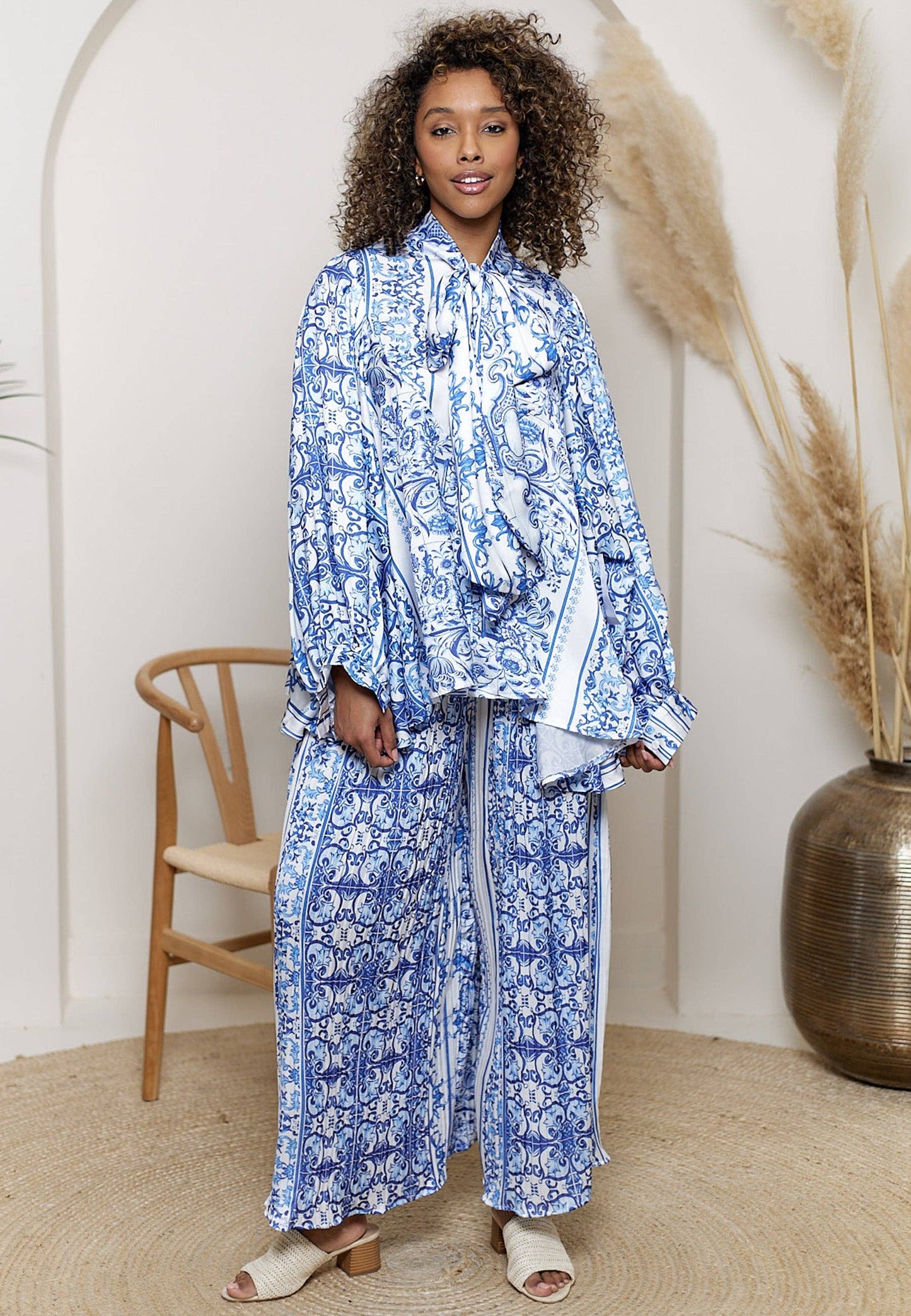 Bow Tie Shirt & Plisse Wide Leg Trousers Co Ord Set In Porcelain Print