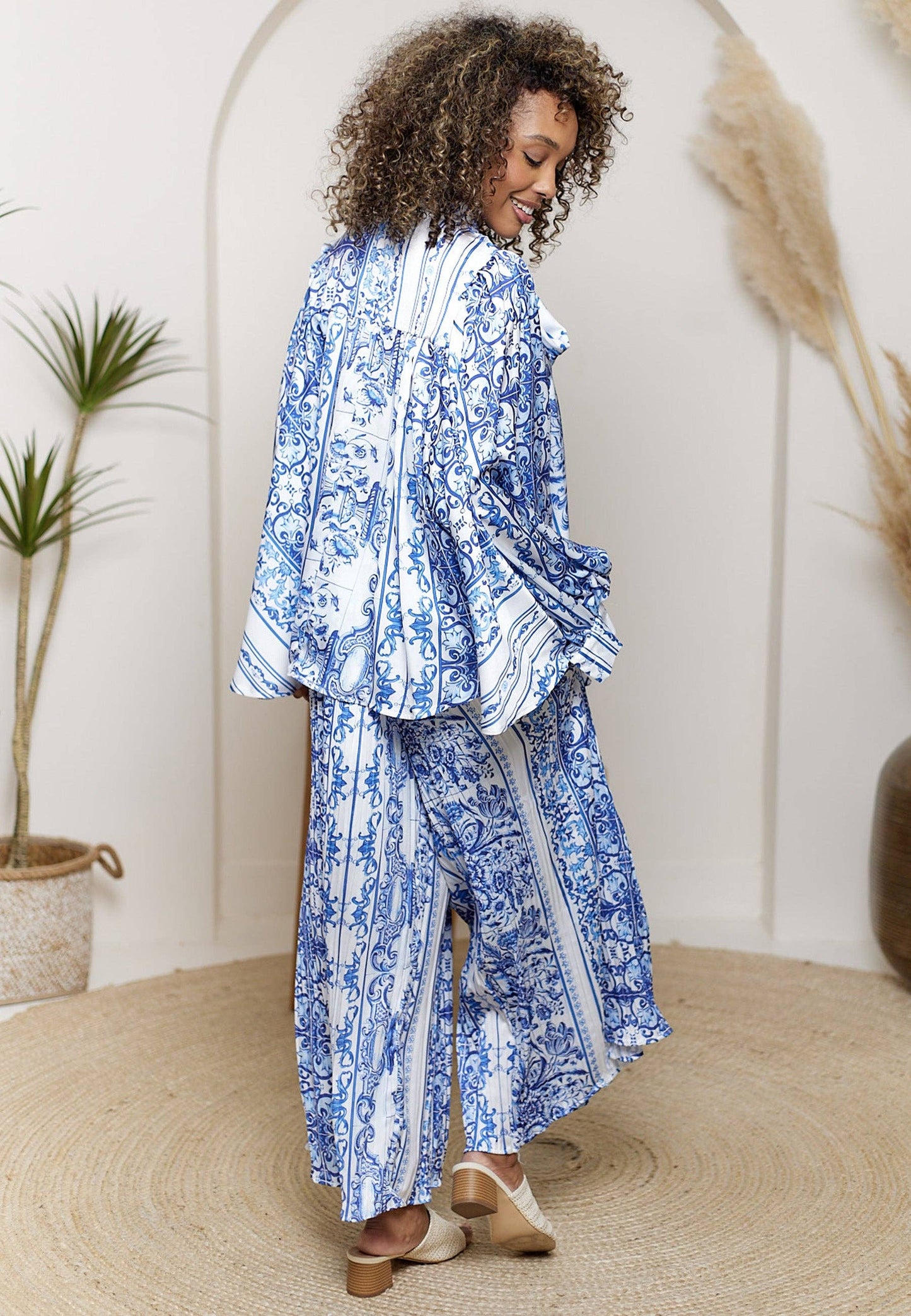 Bow Tie Shirt & Plisse Wide Leg Trousers Co Ord Set In Porcelain Print