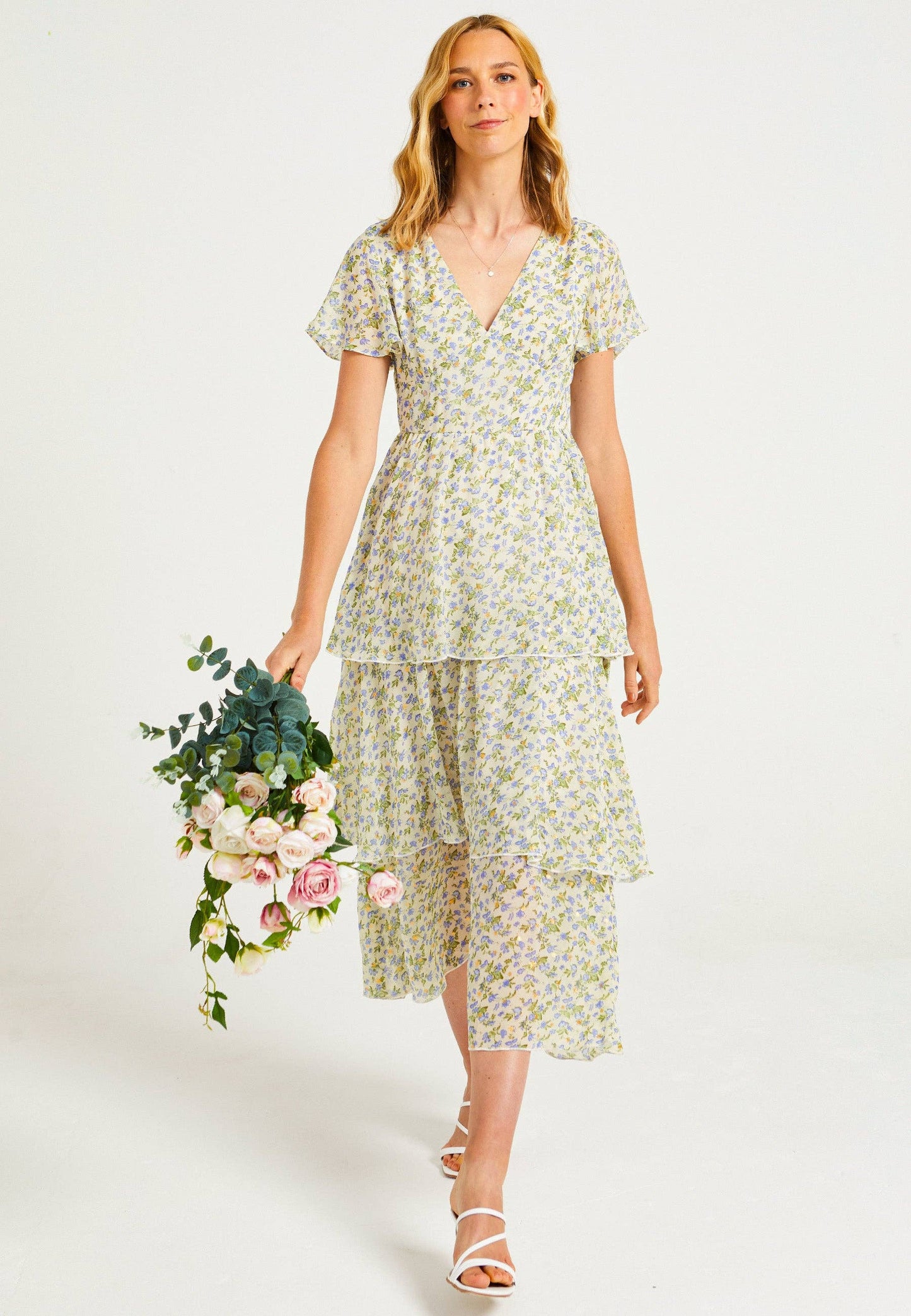 Flutter Sleeves Tiered Midaxi Dress in Ditsy Floral Print